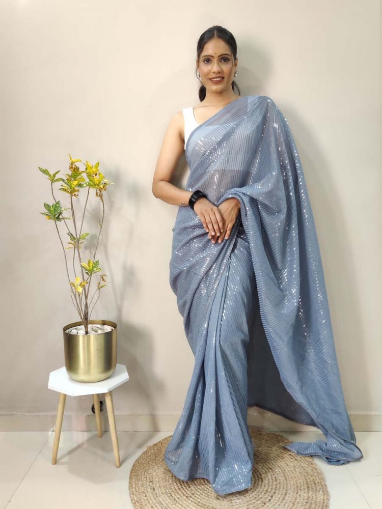 Grey Georgette Sequins Party Festival Classic Style Saree