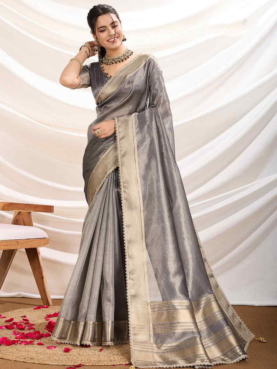 Grey Gold Infused Tissue Linen Handwoven Festival Wedding Fancy Heavy Border Saree