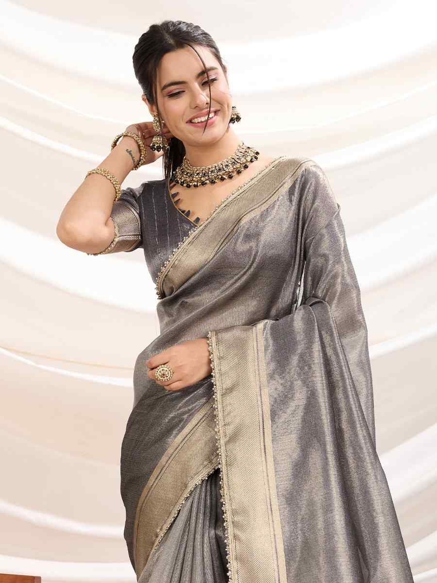 Grey Gold Infused Tissue Linen Handwoven Festival Wedding Fancy Heavy Border Saree