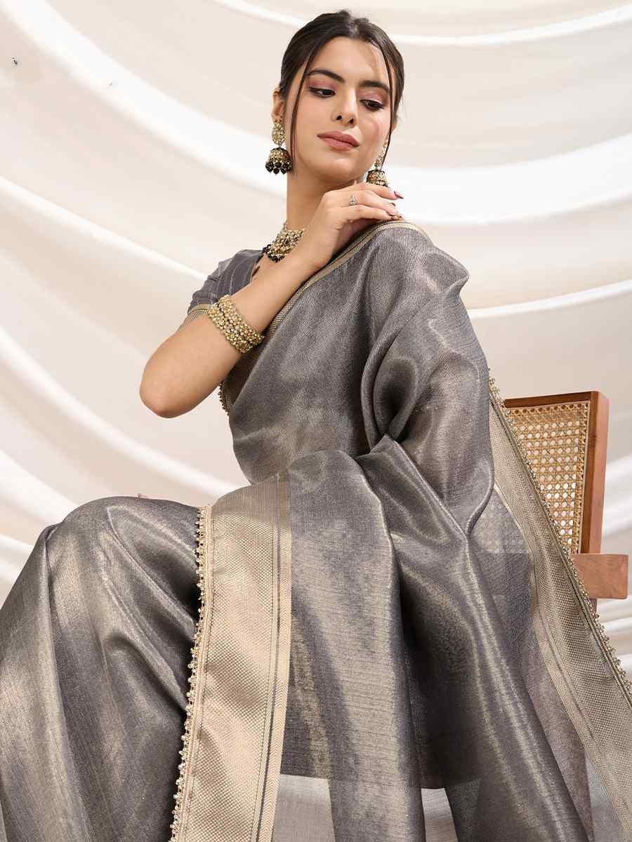 Grey Gold Infused Tissue Linen Handwoven Festival Wedding Fancy Heavy Border Saree