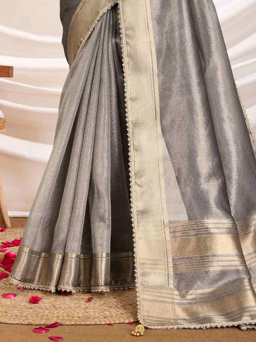 Grey Gold Infused Tissue Linen Handwoven Festival Wedding Fancy Heavy Border Saree