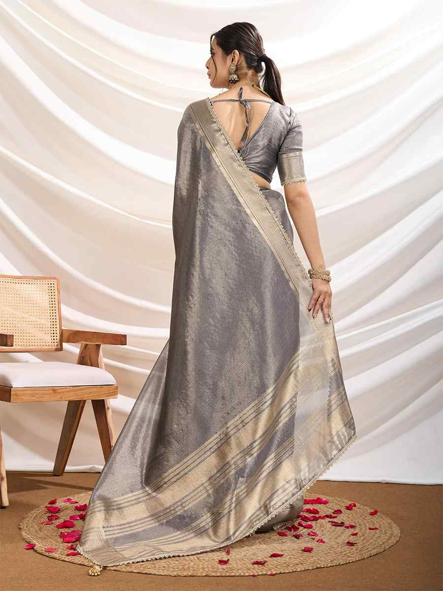 Grey Gold Infused Tissue Linen Handwoven Festival Wedding Fancy Heavy Border Saree