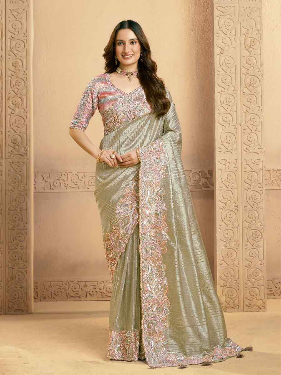 Grey Handwoven Zari Tissue Embroidery Bridal Reception Party Festival Wedding Fancy Heavy Border Sarees