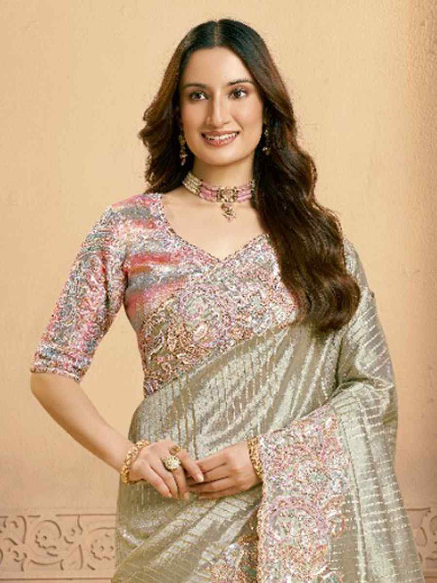 Grey Handwoven Zari Tissue Embroidery Bridal Reception Party Festival Wedding Fancy Heavy Border Sarees