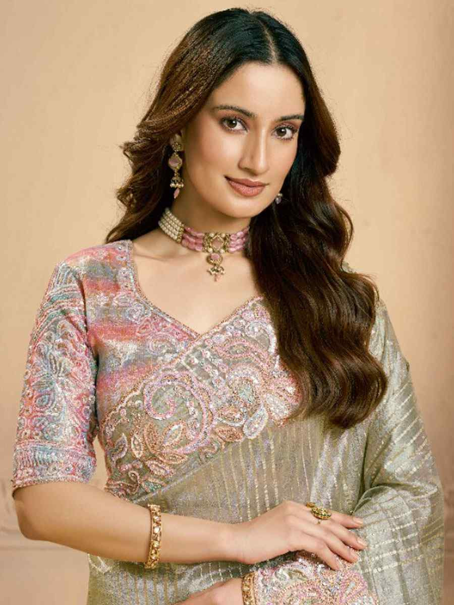 Grey Handwoven Zari Tissue Embroidery Bridal Reception Party Festival Wedding Fancy Heavy Border Sarees