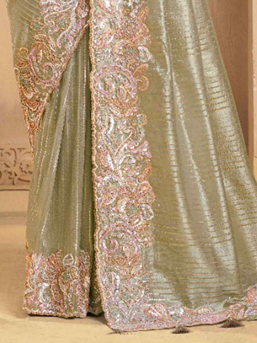 Grey Handwoven Zari Tissue Embroidery Bridal Reception Party Festival Wedding Fancy Heavy Border Sarees