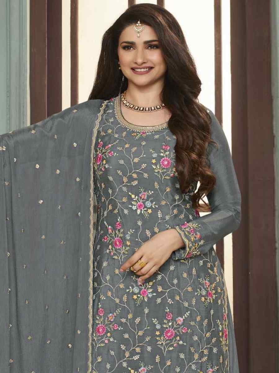 Grey Heavy Blooming Viscose Chinon Embroidered Festival Wedding Palazzo Pant Bollywood Style Salwar Kameez