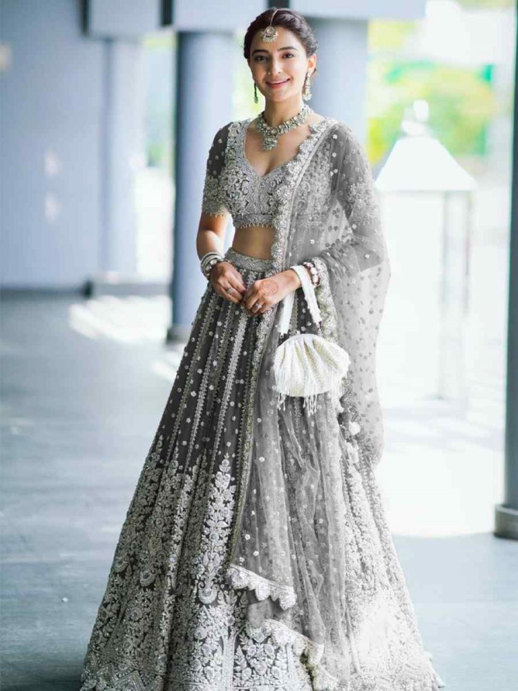Grey Heavy Butterfly net Embroidered Bridal Wedding Heavy Border Lehenga Choli