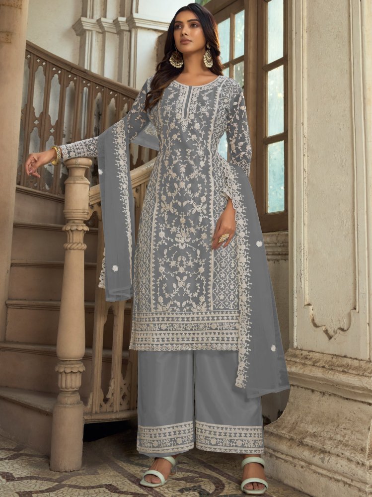 Grey Heavy Butterfly Net Embroidered Festival Party Engagement Pant Salwar Kameez