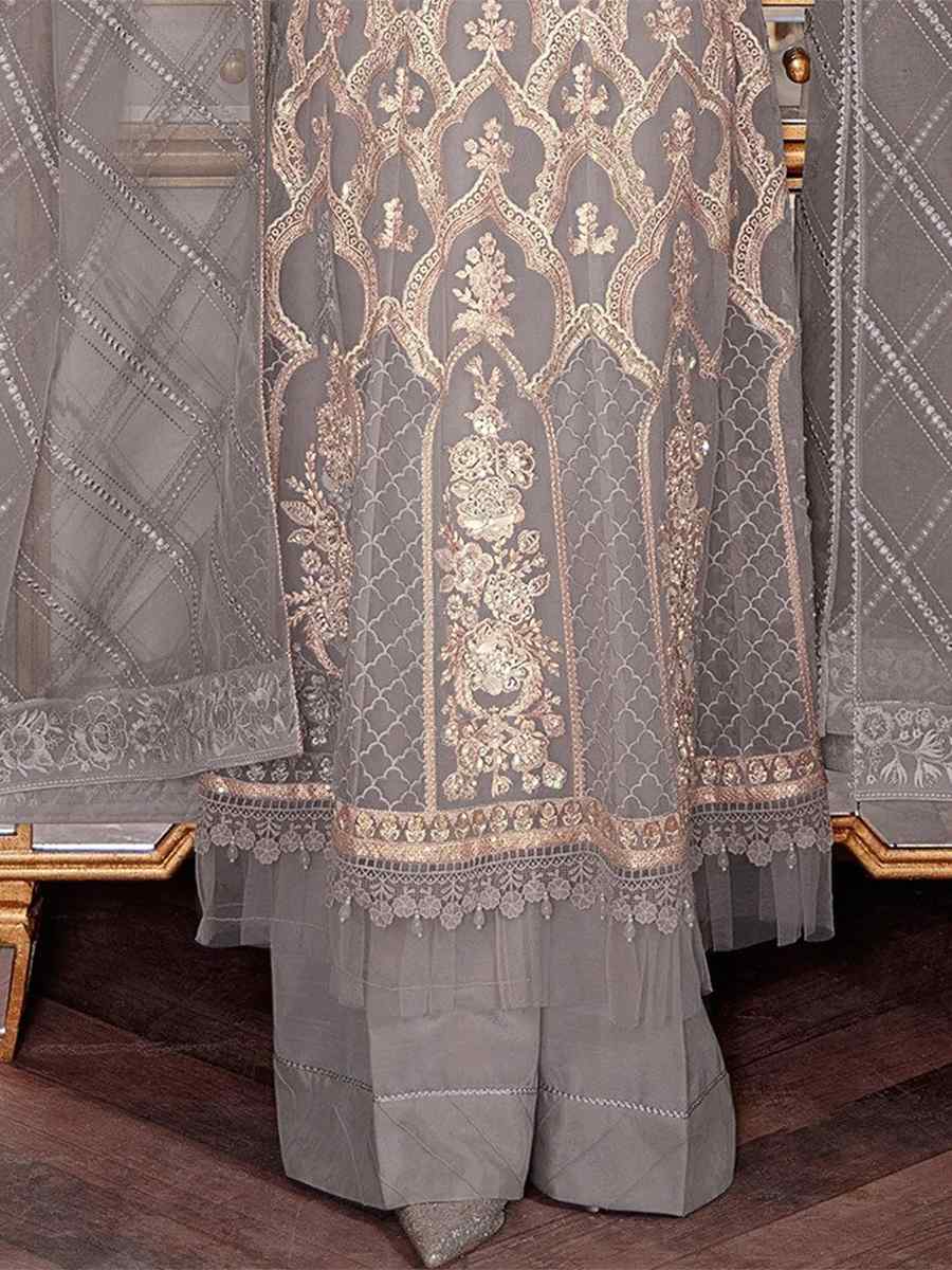 Grey Heavy Butterfly Net Embroidered Festival Party Palazzo Pant Salwar Kameez