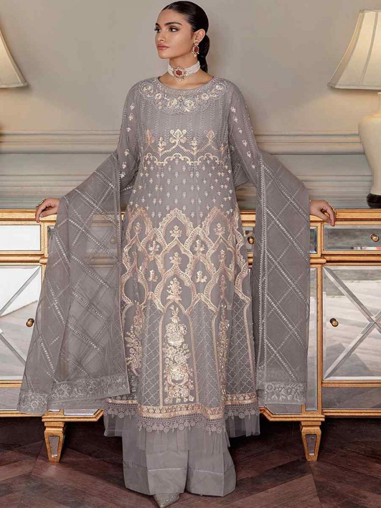 Grey Heavy Butterfly Net Embroidered Festival Party Palazzo Pant Salwar Kameez