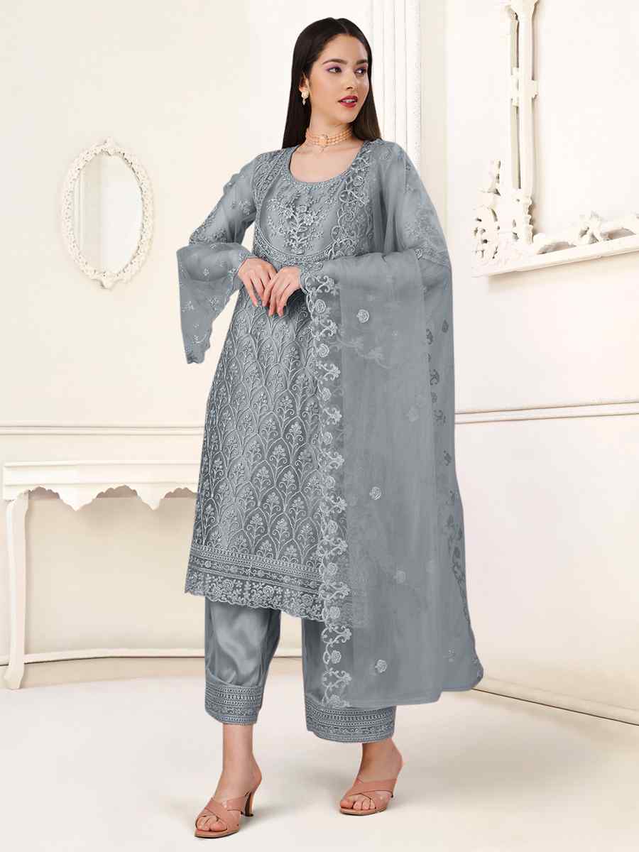 Grey Heavy Butterfly Net Embroidered Festival Party Pant Salwar Kameez