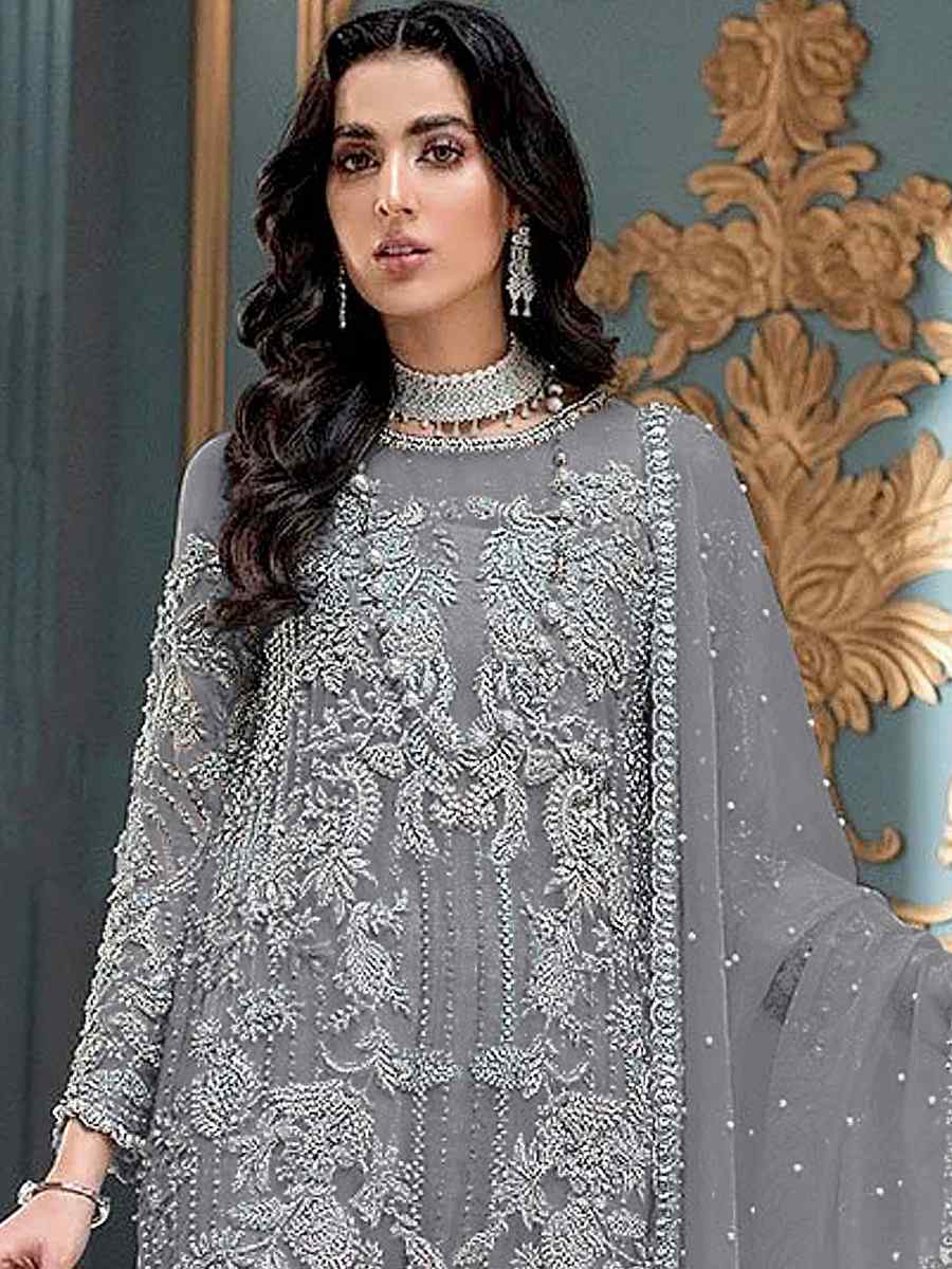 Grey Heavy Butterfly Net Embroidered Festival Party Pant Salwar Kameez