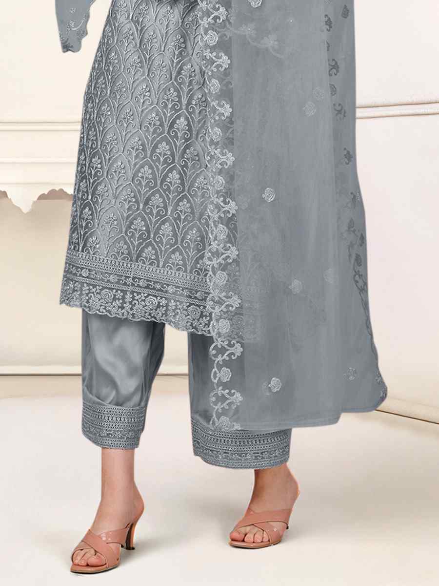 Grey Heavy Butterfly Net Embroidered Festival Party Pant Salwar Kameez