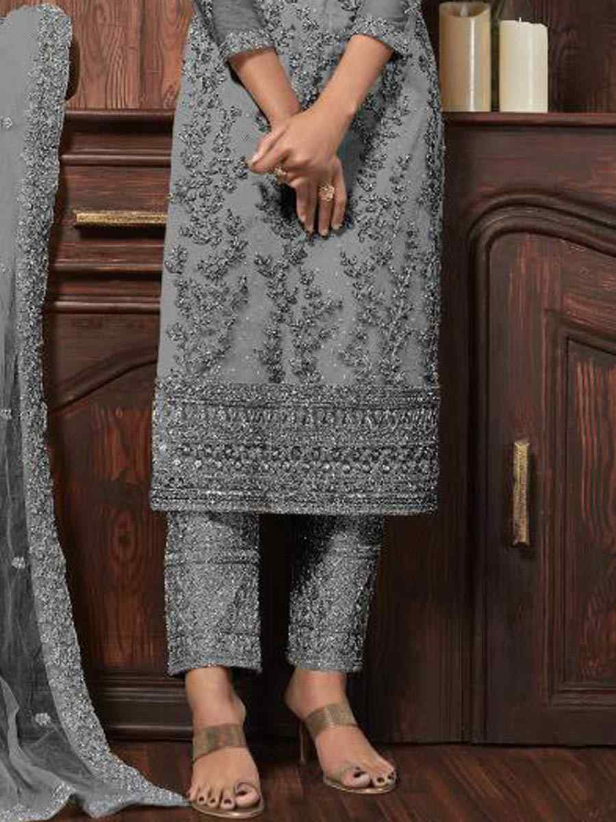 Grey Heavy Butterfly Net Embroidered Festival Party Pant Salwar Kameez