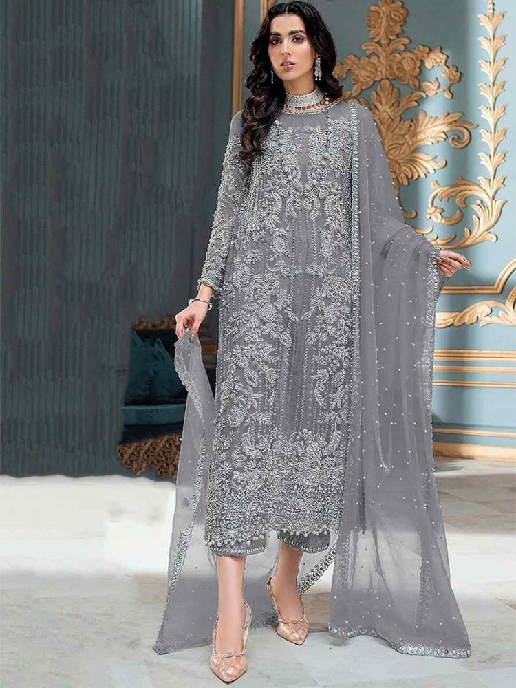 Grey Heavy Butterfly Net Embroidered Festival Party Pant Salwar Kameez