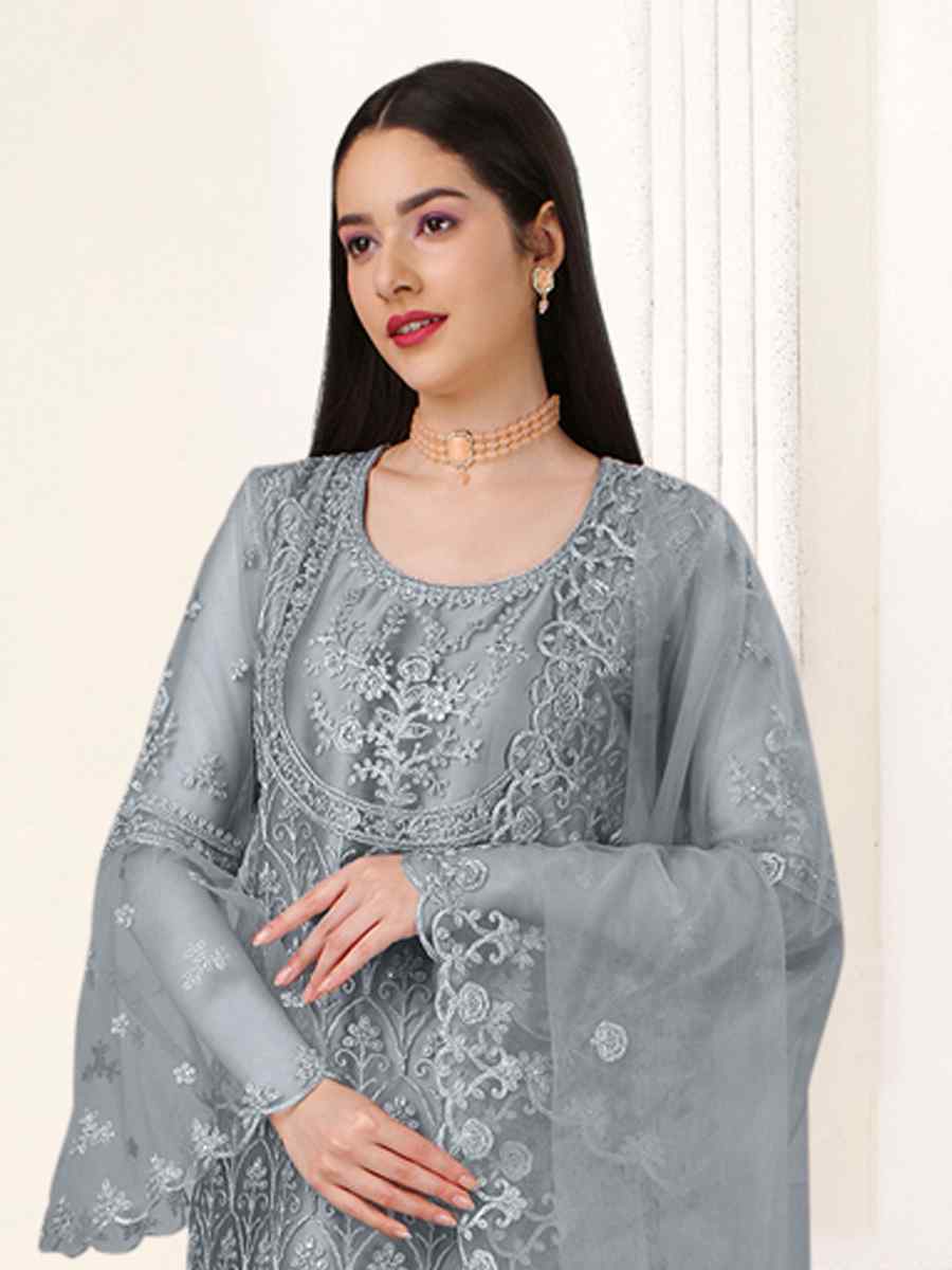 Grey Heavy Butterfly Net Embroidered Festival Party Pant Salwar Kameez