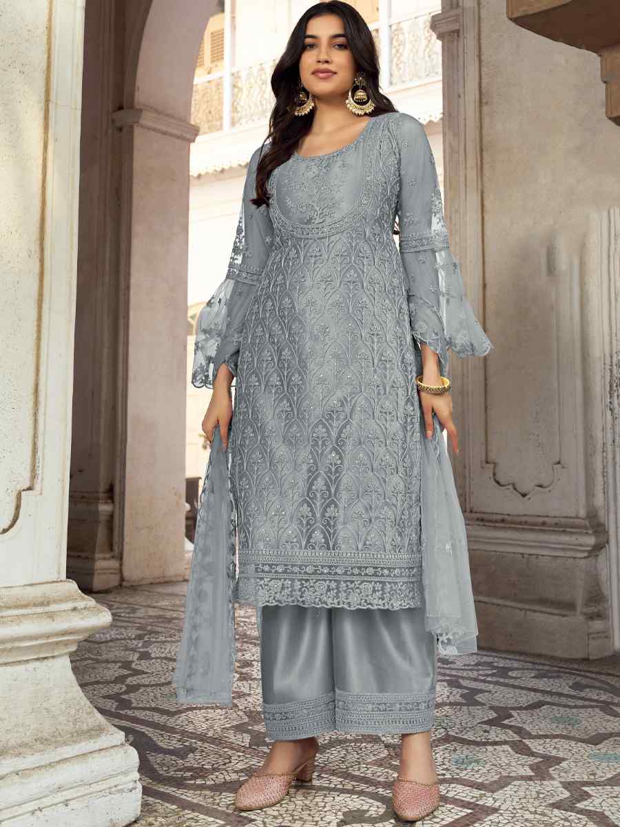 Grey Heavy Butterfly Net Embroidered Festival Wedding Pant Salwar Kameez