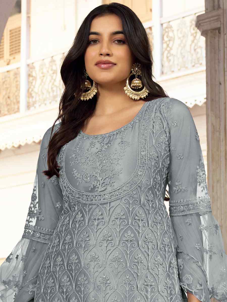 Grey Heavy Butterfly Net Embroidered Festival Wedding Pant Salwar Kameez
