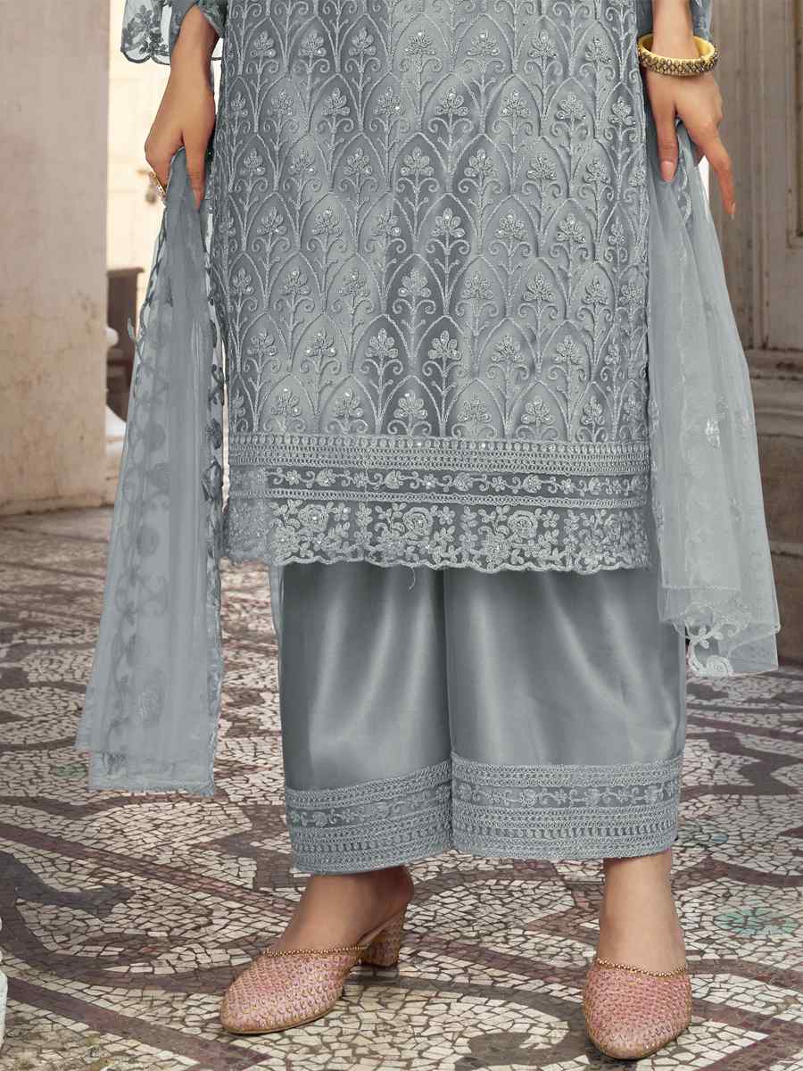 Grey Heavy Butterfly Net Embroidered Festival Wedding Pant Salwar Kameez
