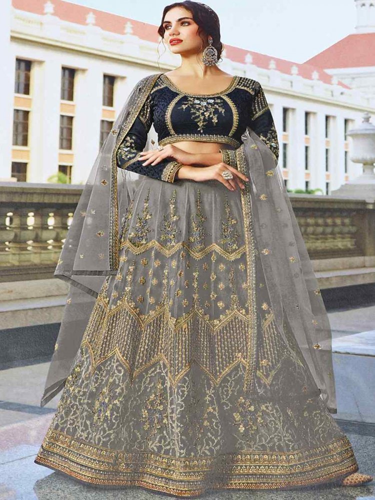 Grey Heavy Butterfly Net Embroidered Party Wear Wedding Circular Lehenga Choli