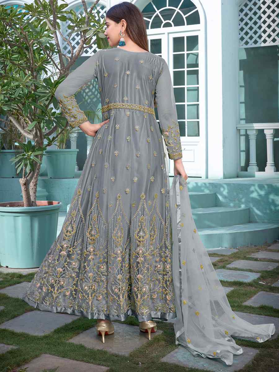 Grey Heavy Butterfly Net Embroidered Party Wedding Anarkali Salwar Kameez