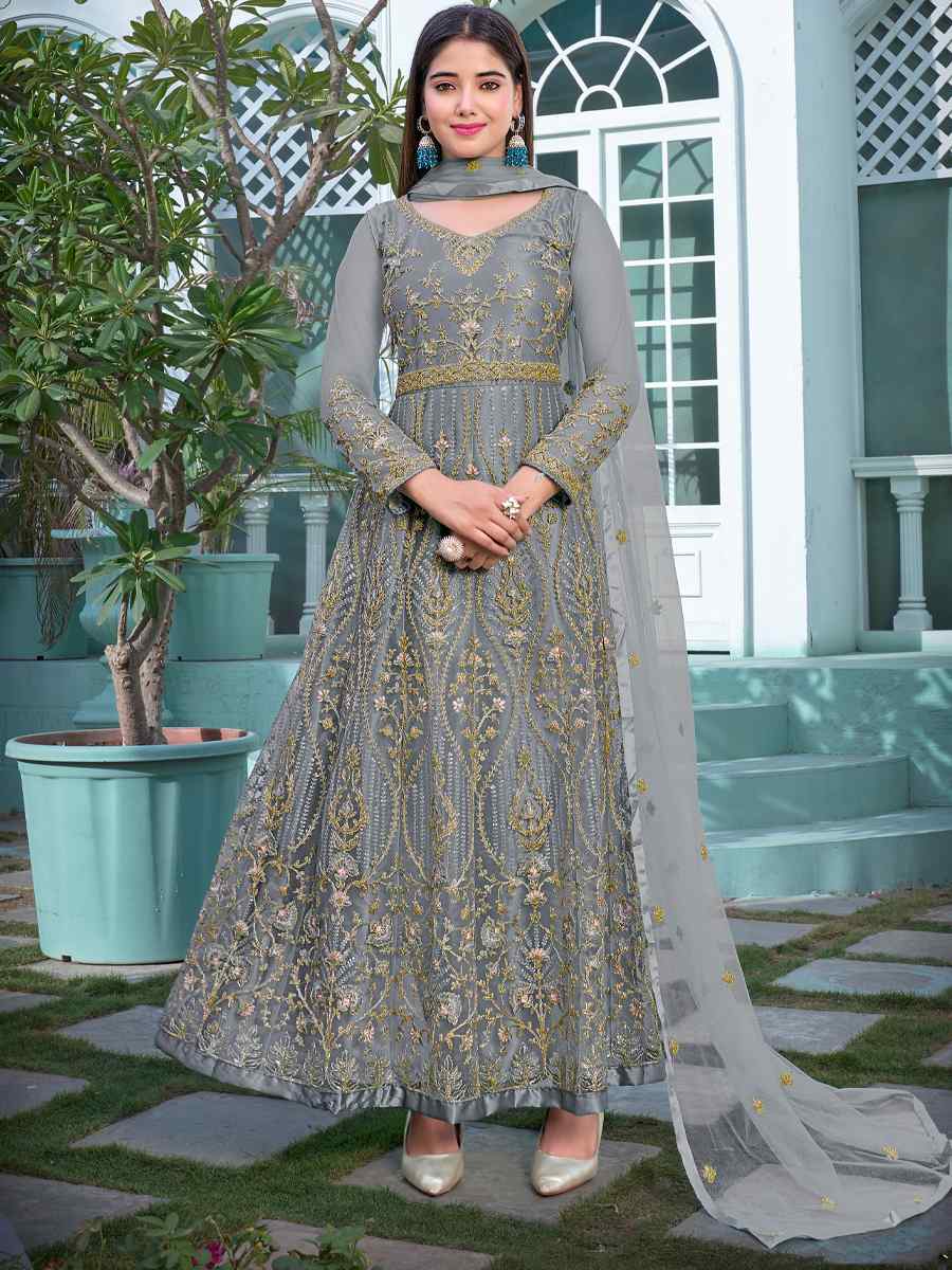 Grey Heavy Butterfly Net Embroidered Party Wedding Anarkali Salwar Kameez