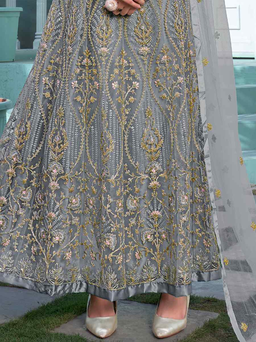 Grey Heavy Butterfly Net Embroidered Party Wedding Anarkali Salwar Kameez
