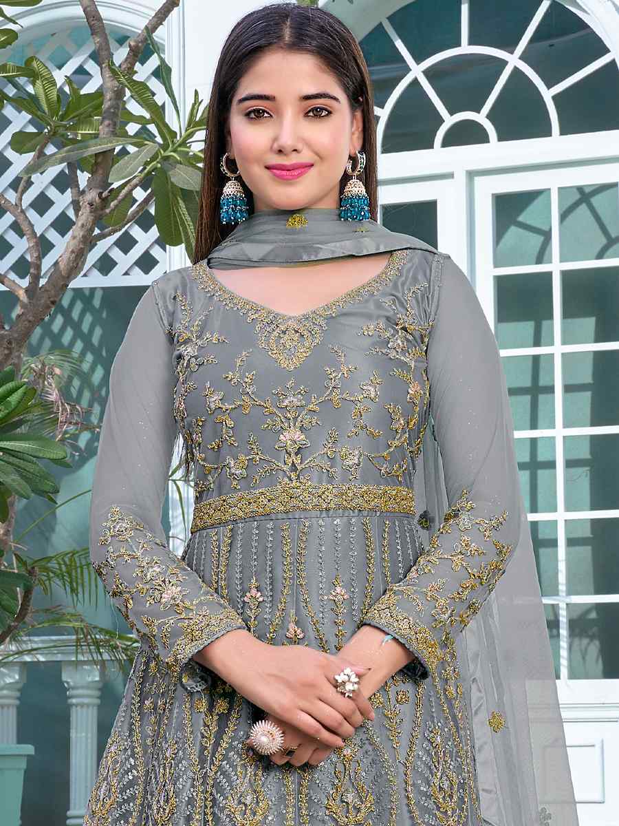 Grey Heavy Butterfly Net Embroidered Party Wedding Anarkali Salwar Kameez