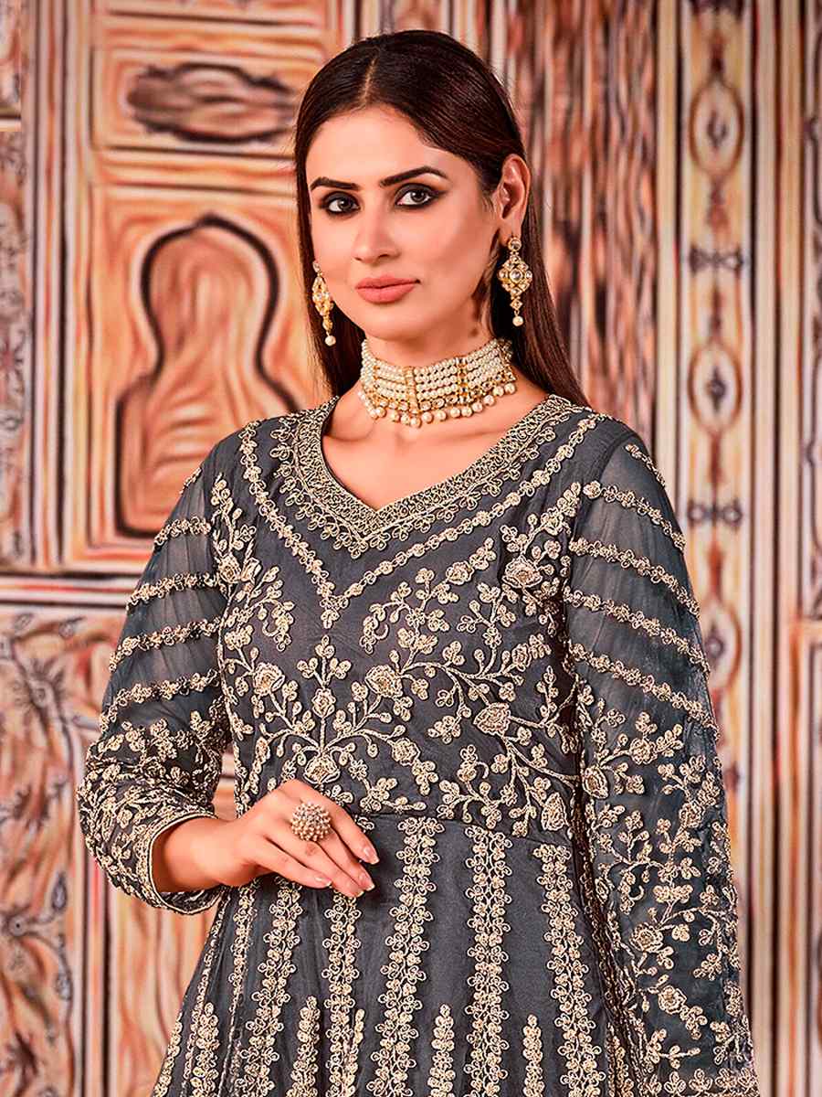 Grey Heavy Butterfly Net Embroidered Wedding Engagement Anarkali Salwar Kameez