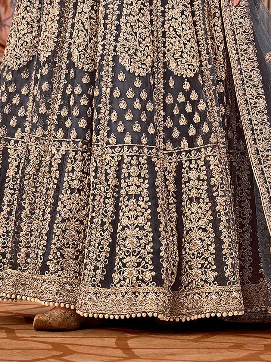 Grey Heavy Butterfly Net Embroidered Wedding Engagement Anarkali Salwar Kameez