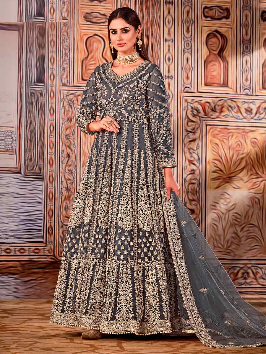 Grey Heavy Butterfly Net Embroidered Wedding Engagement Anarkali Salwar Kameez