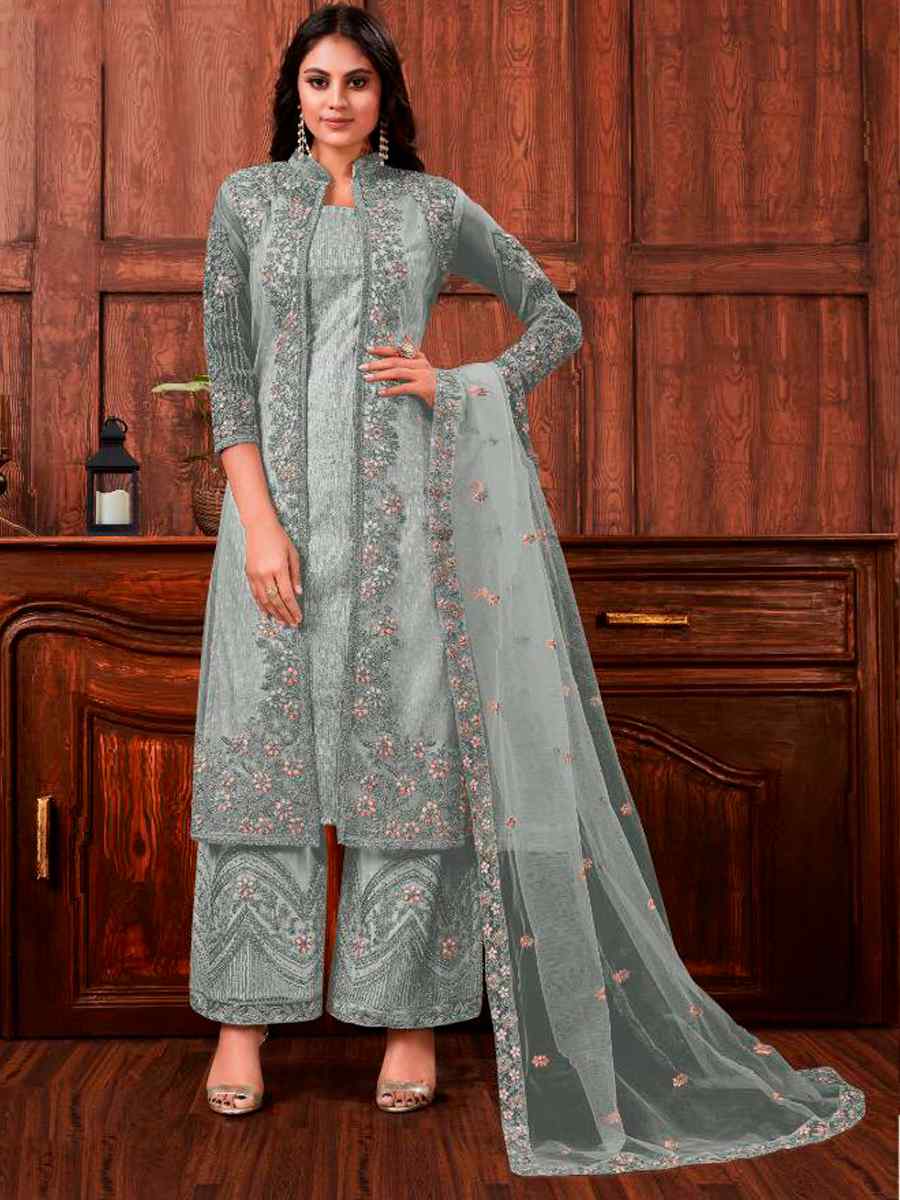 Grey Heavy Butterfly Net Embroidered Wedding Engagement Palazzo Pant Salwar Kameez