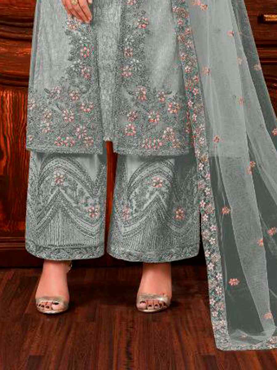 Grey Heavy Butterfly Net Embroidered Wedding Engagement Palazzo Pant Salwar Kameez