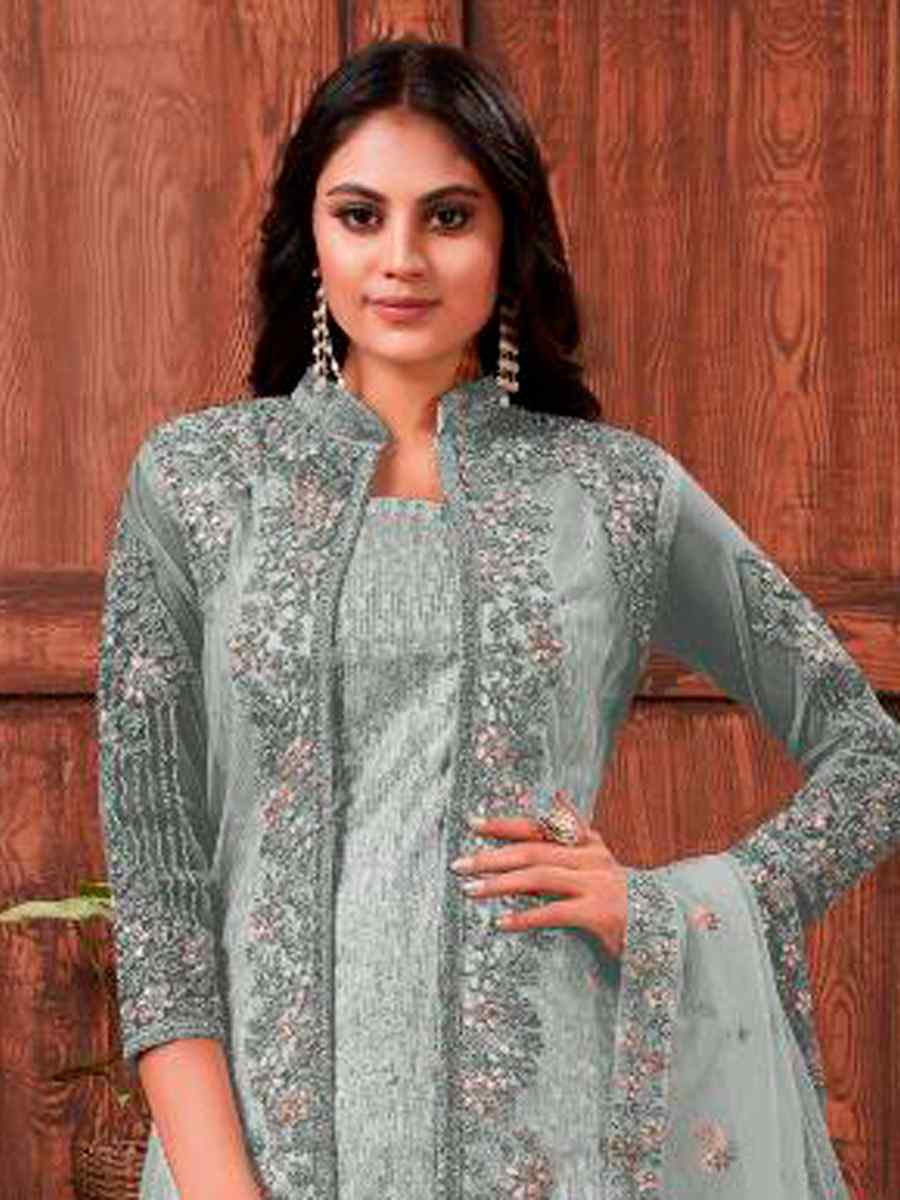 Grey Heavy Butterfly Net Embroidered Wedding Engagement Palazzo Pant Salwar Kameez