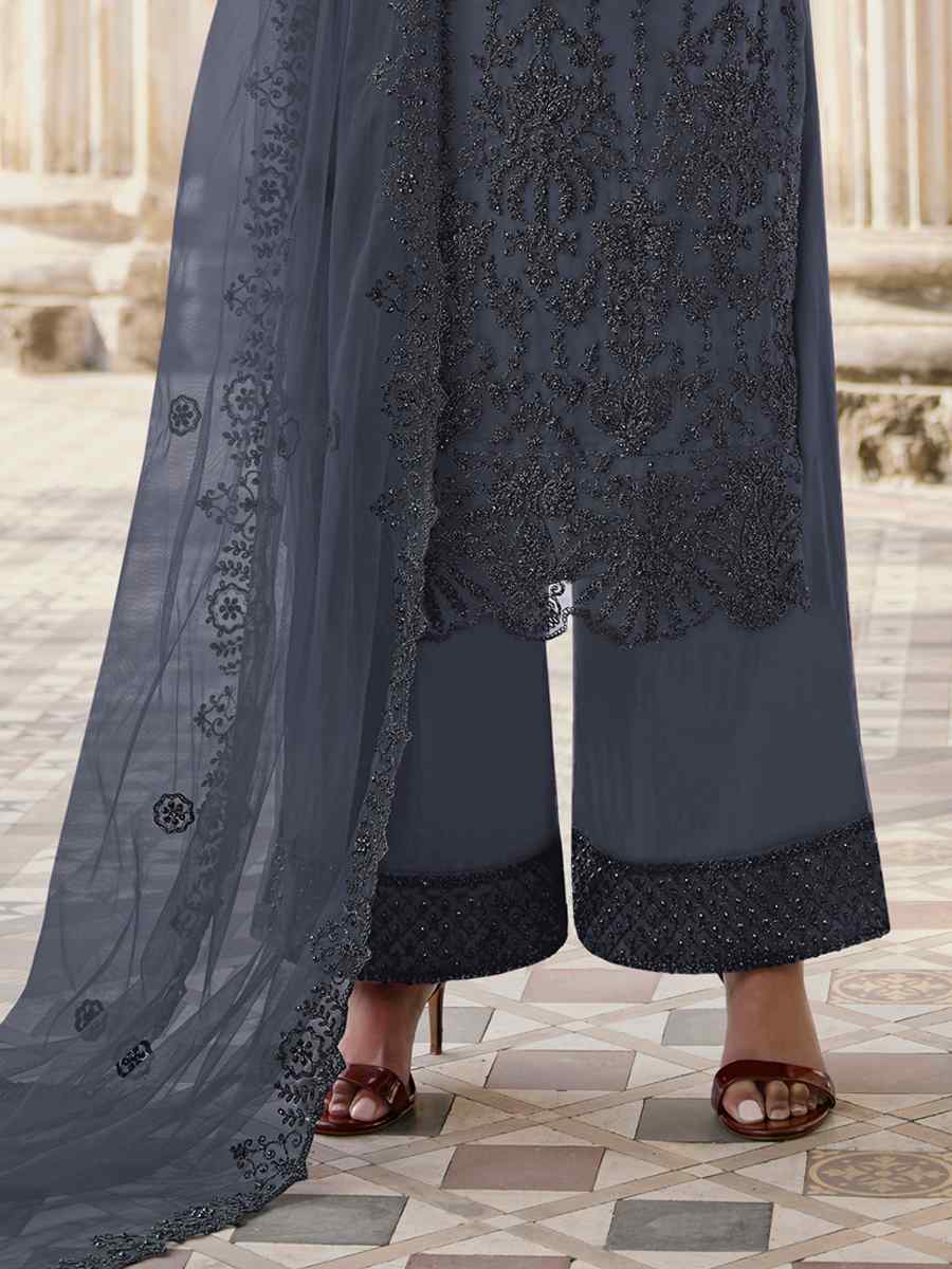 Grey Heavy Butterfly Net Embroidered Wedding Festival Palazzo Pant Salwar Kameez