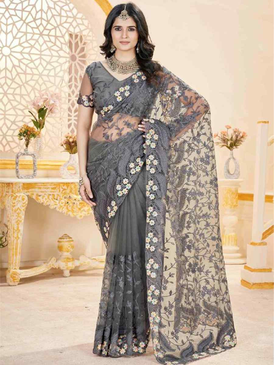Grey Heavy Butterfly Net Embroidery Casual Traditional Reception Festival Fancy Classic Style Sarees