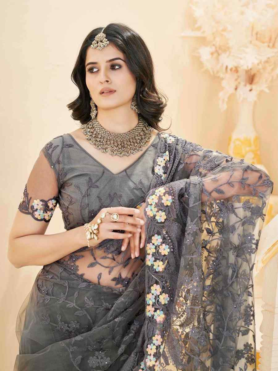 Grey Heavy Butterfly Net Embroidery Casual Traditional Reception Festival Fancy Classic Style Sarees