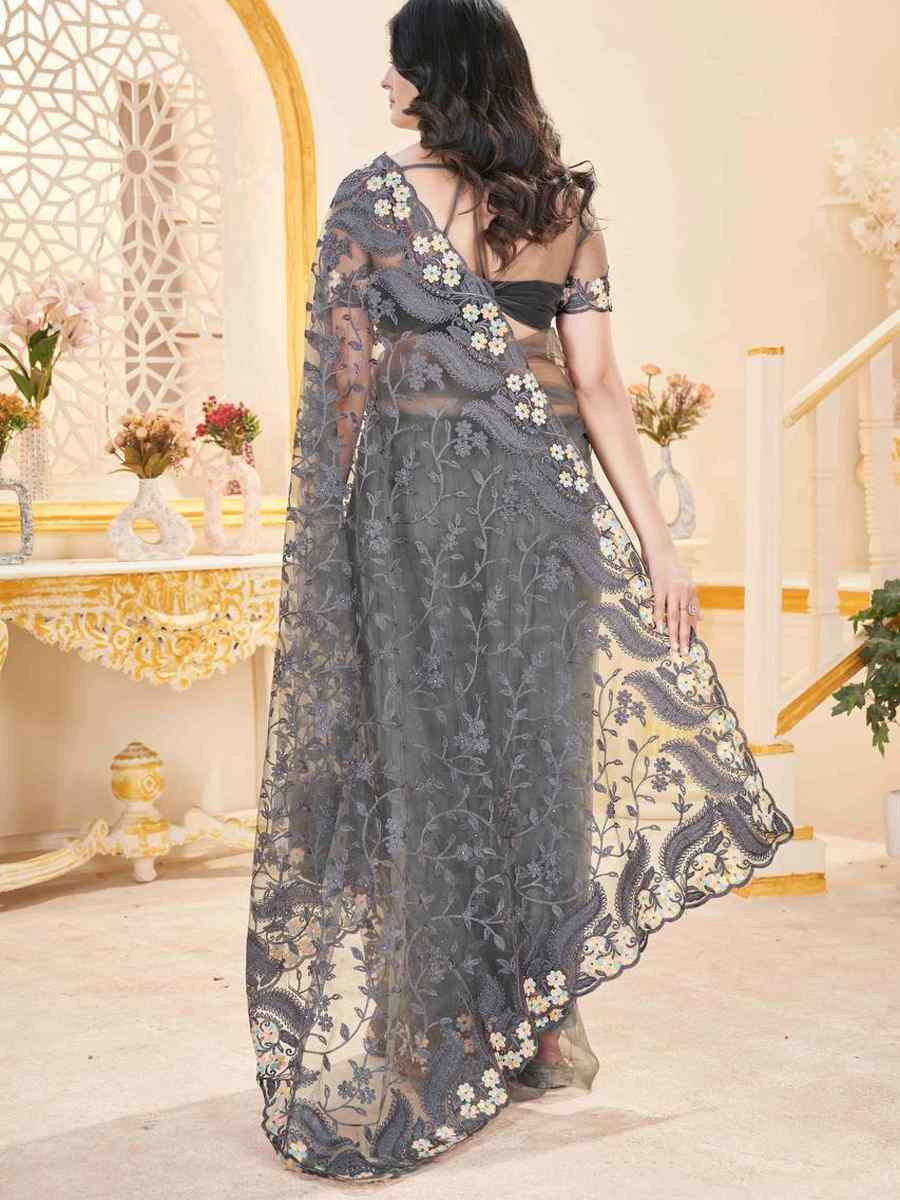 Grey Heavy Butterfly Net Embroidery Casual Traditional Reception Festival Fancy Classic Style Sarees