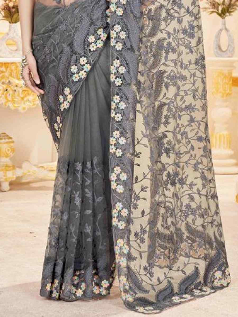 Grey Heavy Butterfly Net Embroidery Casual Traditional Reception Festival Fancy Classic Style Sarees