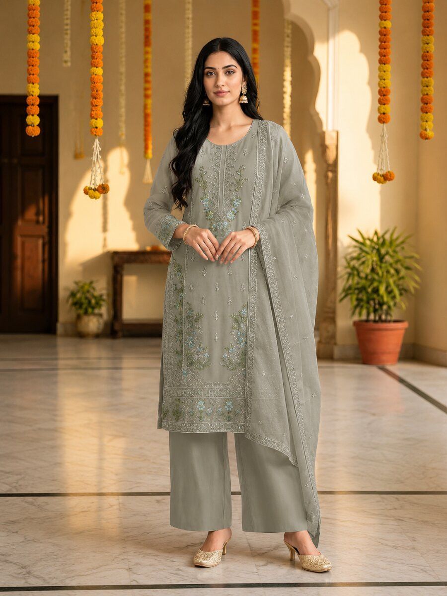 Grey Heavy Chiffon Embroidery Beads Wedding Party Festival Casual Palazzo Pant Salwar Kameez