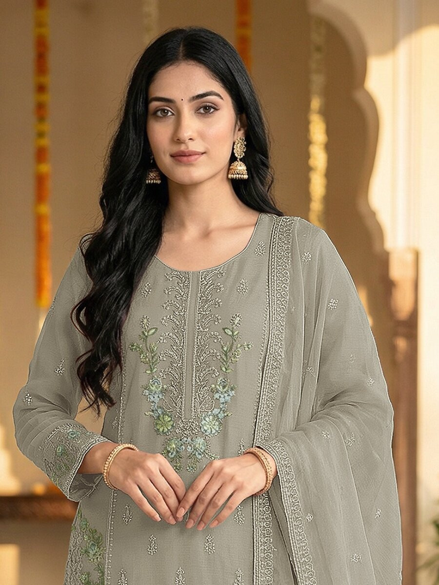 Grey Heavy Chiffon Embroidery Beads Wedding Party Festival Casual Palazzo Pant Salwar Kameez