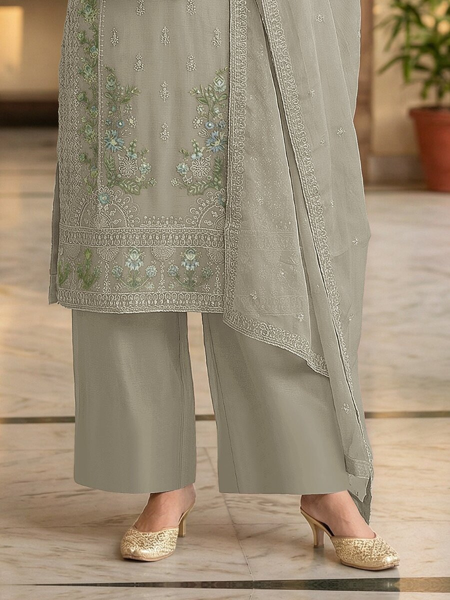Grey Heavy Chiffon Embroidery Beads Wedding Party Festival Casual Palazzo Pant Salwar Kameez