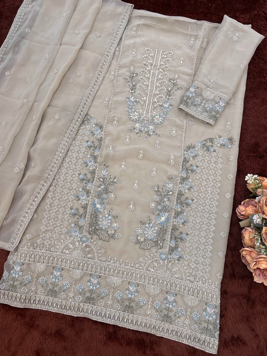 Grey Heavy Chiffon Embroidery Beads Wedding Party Festival Casual Palazzo Pant Salwar Kameez