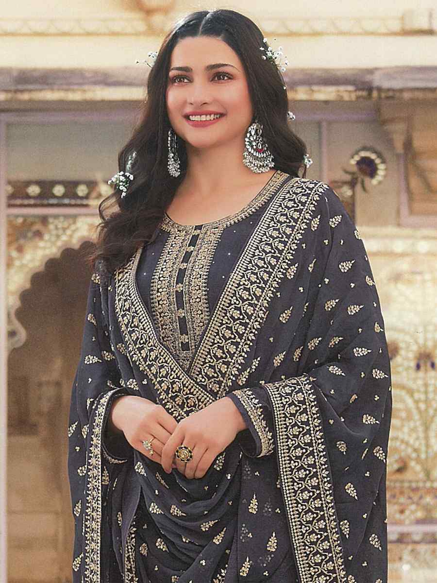 Grey Heavy Dola Silk Embroidered Festival Wedding Bollywood Style Pant Salwar Kameez