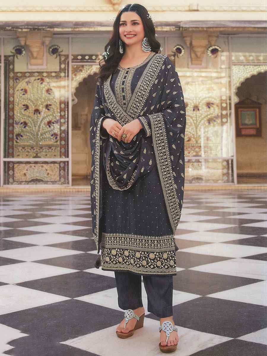 Grey Heavy Dola Silk Embroidered Festival Wedding Bollywood Style Pant Salwar Kameez