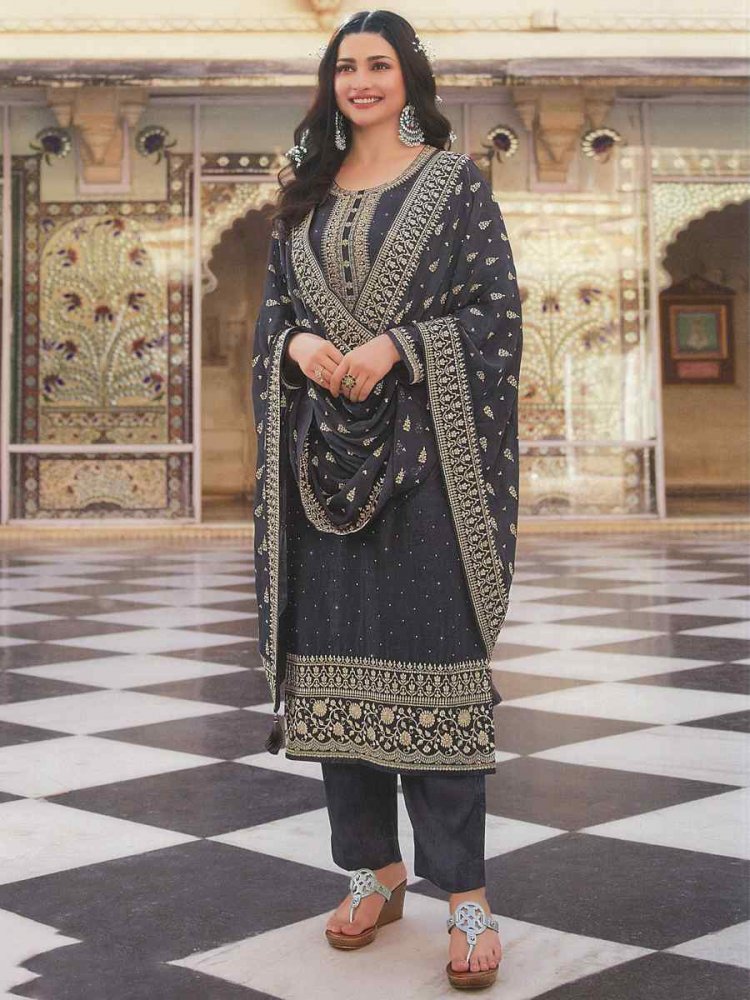 Grey Heavy Dola Silk Embroidered Festival Wedding Bollywood Style Pant Salwar Kameez