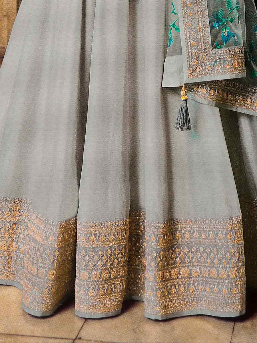 Grey Heavy Dola Silk Embroidered Wedding Festival Anarkali Salwar Kameez