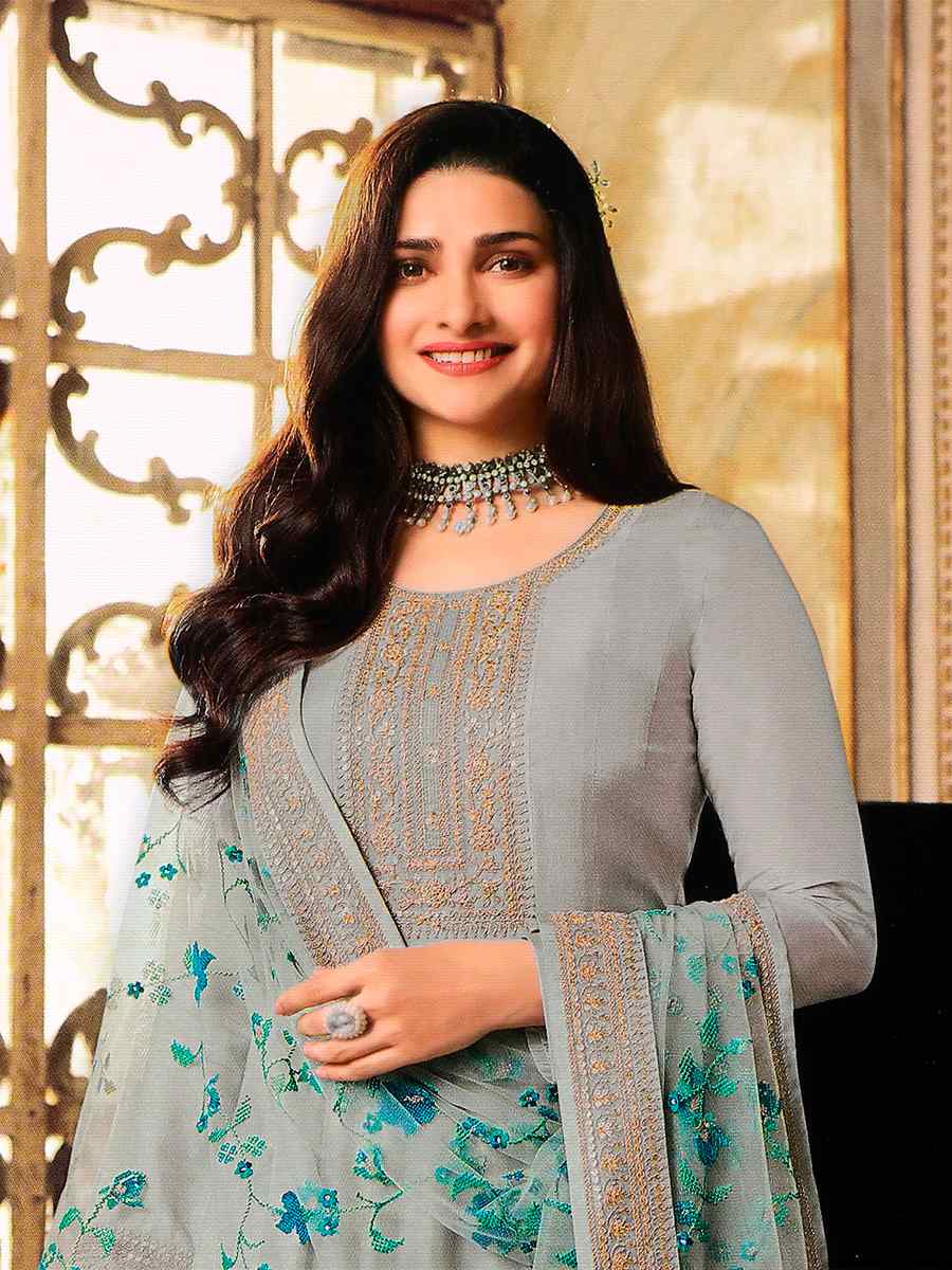 Grey Heavy Dola Silk Embroidered Wedding Festival Anarkali Salwar Kameez