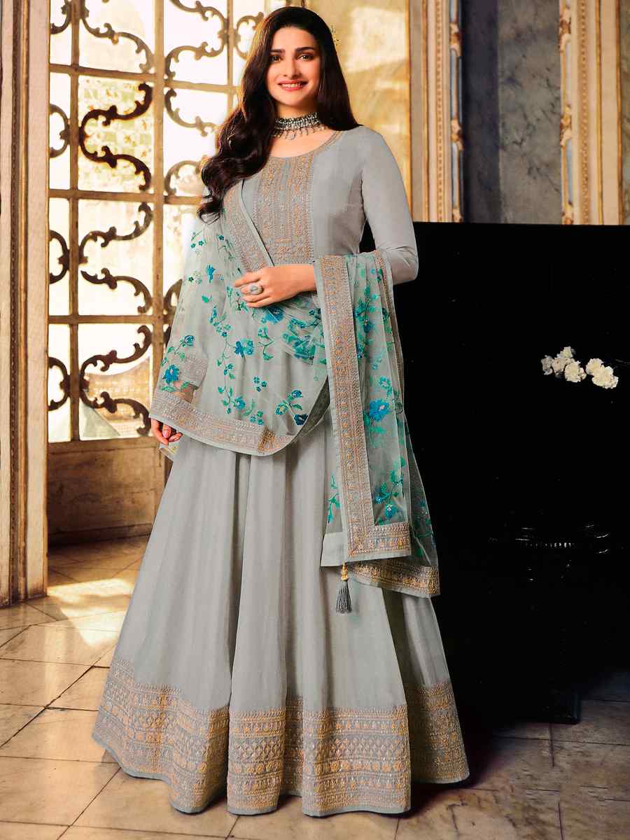 Grey Heavy Dola Silk Embroidered Wedding Festival Anarkali Salwar Kameez